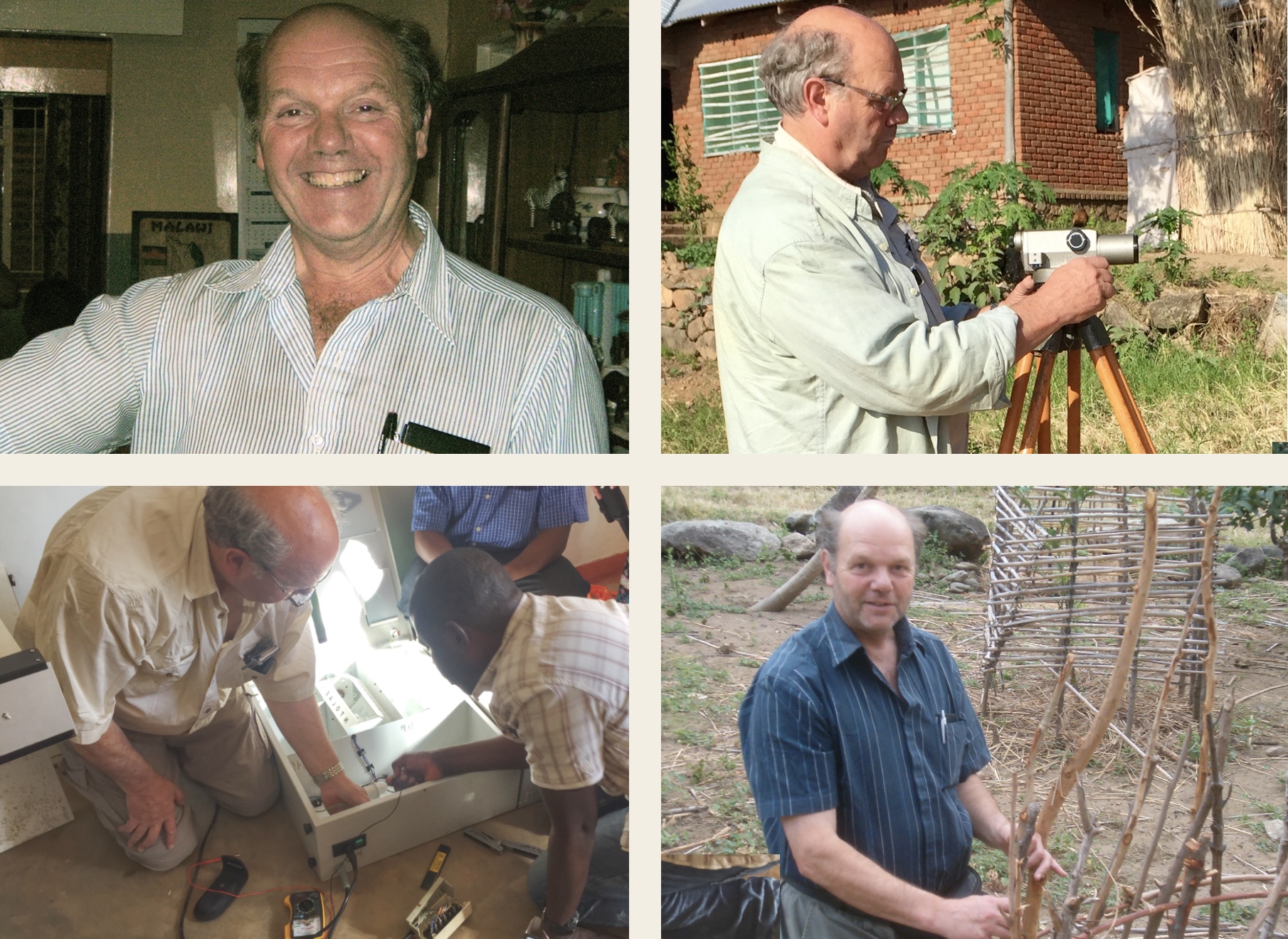 Pictures of Bob Baxter OBE doing various tasks in Malawi